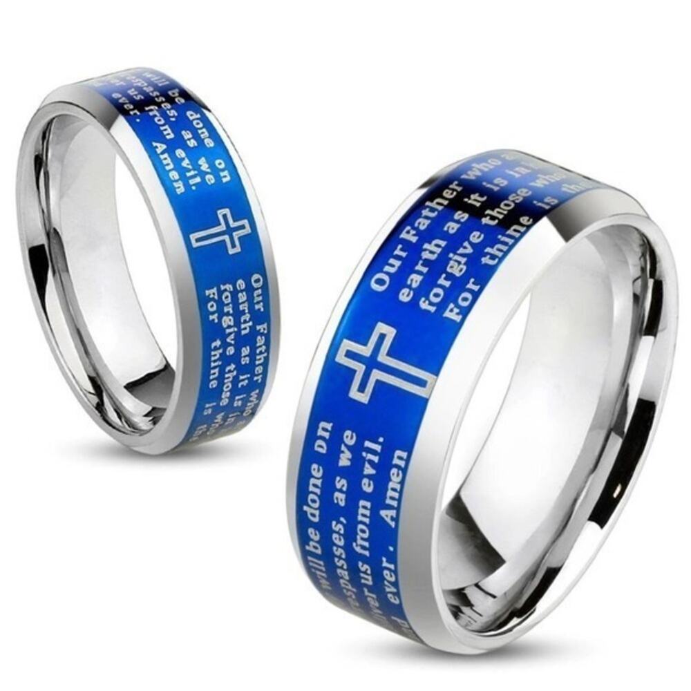 NEW‎ Lord's Prayer Blue IP Beveled Edge Stainless Steel Ring size 6